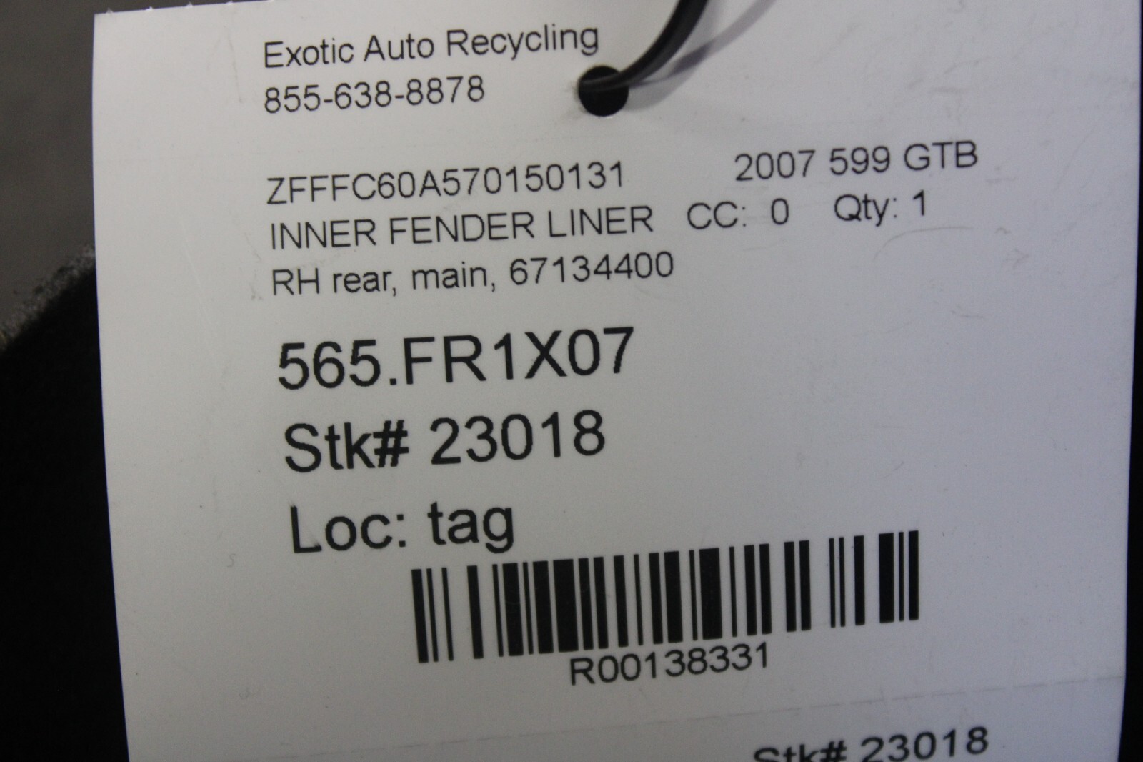 Ferrari 599 GTB, RH, Right, Rear Main Inner Fender Liner, Used, P/N 67134400