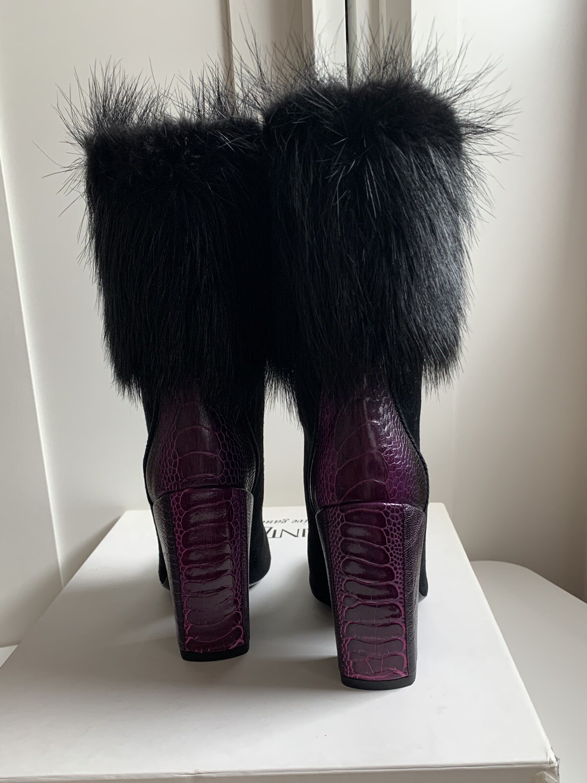 STIVALI YVES SAINT LAURENT DONNA PELLE SCAMOSCIATA MAUVE NERI CON FINITURE IN PELLICCIA DI CASTORO EU35