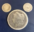 Old Cull 90% 3 Silver Coin Lot-Morgan Dollar, Seated Liberty & Barber Dimes