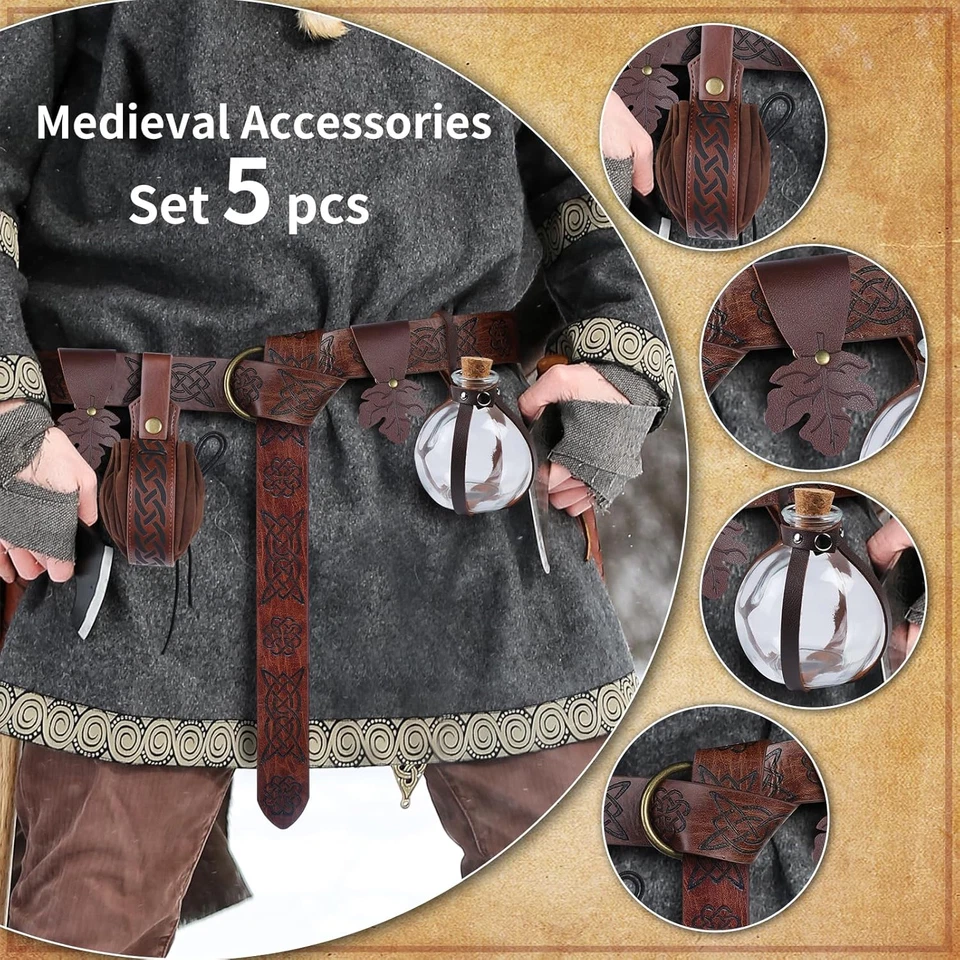 Mujeres Accesorios Renacimiento Medieval Vikingo Cinturón Poción Botellas Cinturón Bolso Cuero Foto 3 de 4