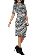 Nina Leonard Women's Mock Neck Jacquard Sweater Dress Black/Ivory