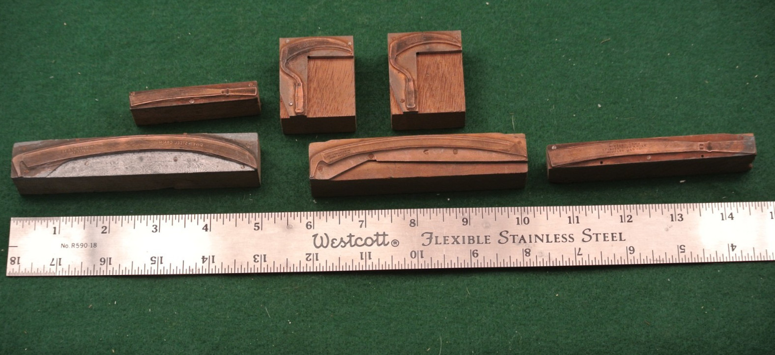 Lot of 6 Antique Print Blocks of tools from the Winsted MFG Co. Copper on wood