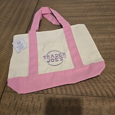 TRADER JOES Mini Canvas Tote Bag Spring 2025 Pastel Pink with Purple Embroidery