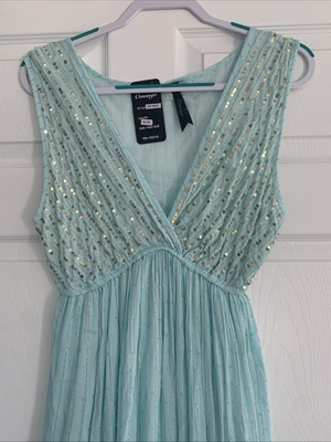 #ad Sleeveless Aqua Blue Sequin V Neck Maxi Beach Cruise Dress Coverup Large NEW $19.97