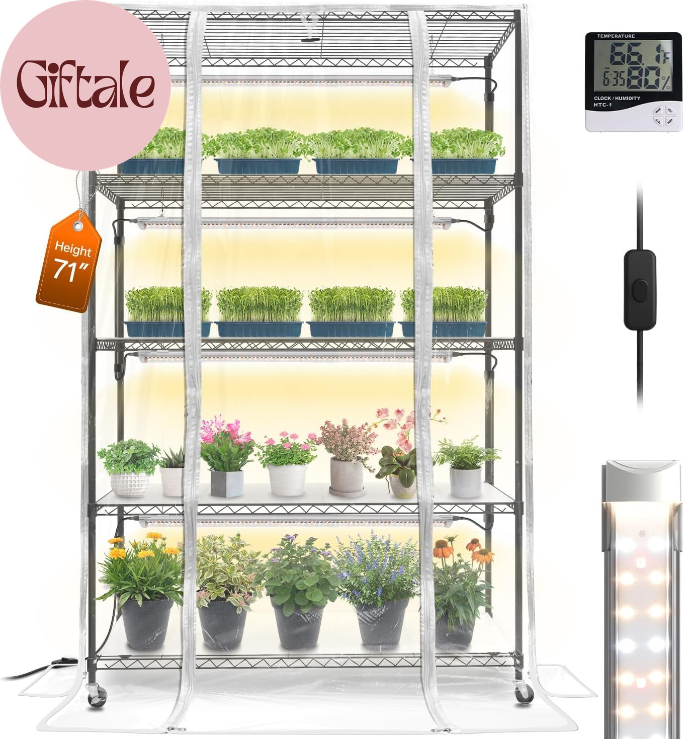 Indoor Greenhouse with Grow Light, Plant Shelf with 4 Pack T