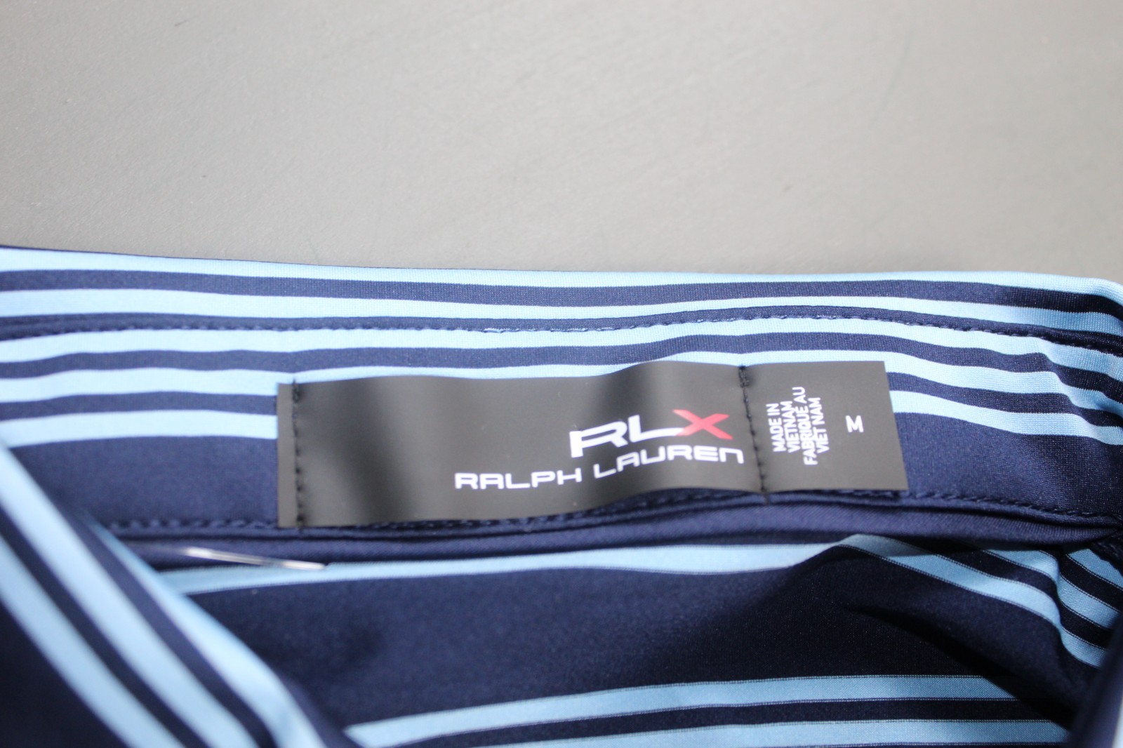 RLX Ralph Lauren Golf Polo Men’s M Navy Blue Stripe Performance Stretch