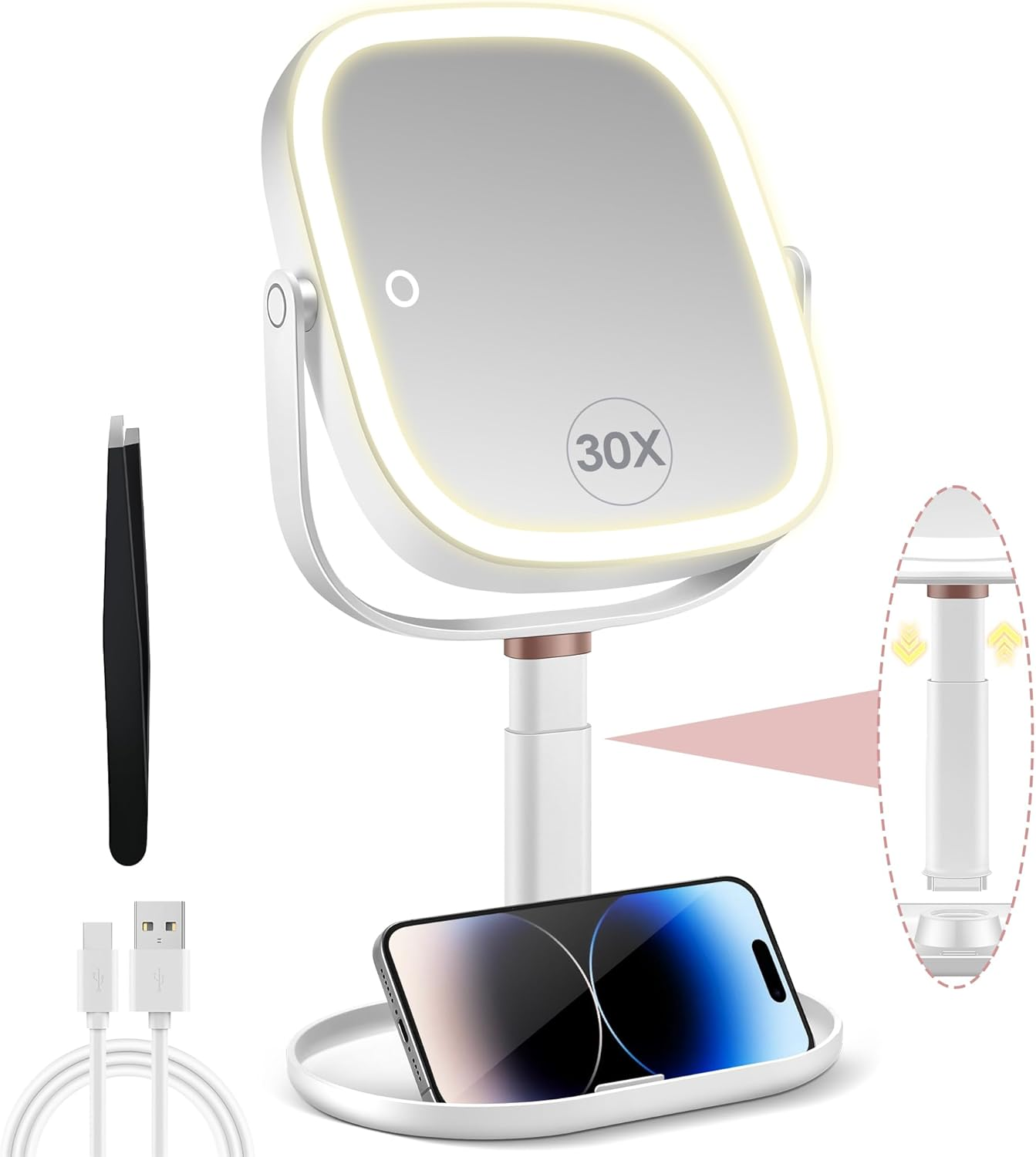 Magnifying Mirror with Light 30X/1X, Height Adjustable Makeup Mirror with 3 Colo