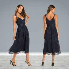 Lulus Love the Day Navy Blue Lace Tie-Strap Midi Dress Small