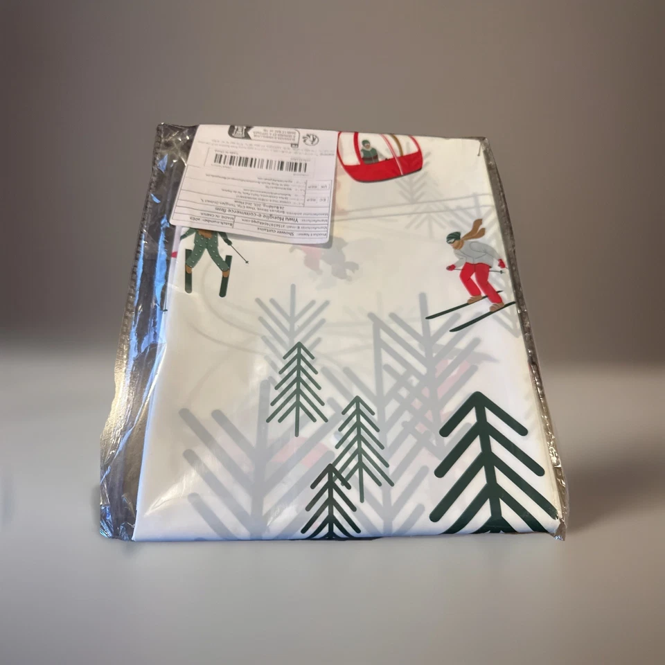 Merry Christmas Bathroom Shower Curtain, Winter Skiing With 12 White Hooks - Image 3 of 4