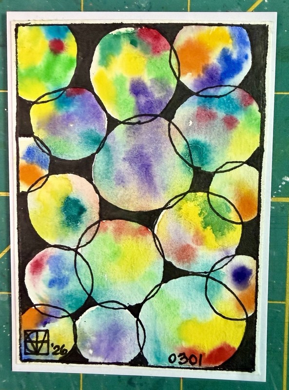 Painting by M. Hackney Abstract Circles Watercolor & Ink ACEO, Signed, 2.5x3.5