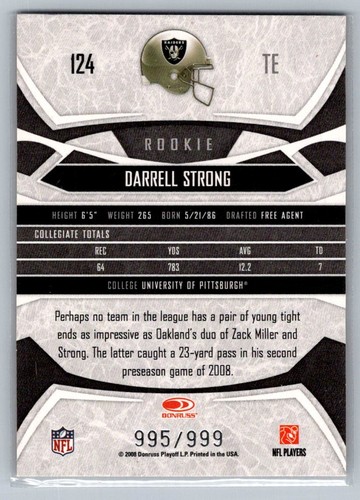 2008 Donruss Gridiron Gear #124 Darrell Strong Rookie #/999 Oakland Raiders B87 - Picture 2 of 2