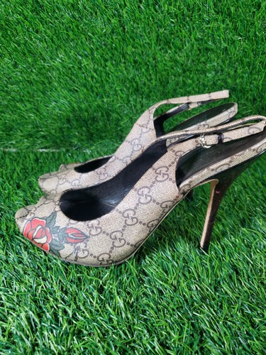 Gucci Size 40C Brown GG Canvas Peep Toe Slingback Pumps