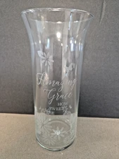 Glass Clear Flower Vase Etched Amazing Grace How Sweet Butterfly Flower 9"