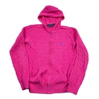 Ralph Lauren Sweater Women XL Pink Cable Knit Full Zip Hooded Sport Blue Pony