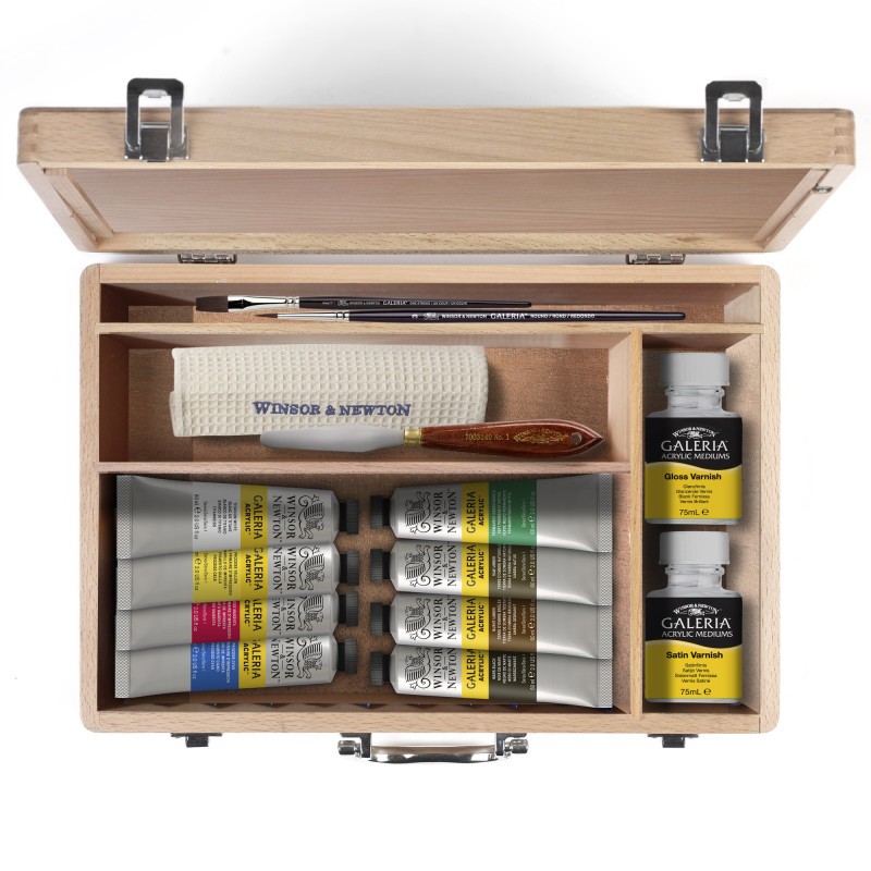 Peinture acrylique Winsor Newton coffret bois complet avec matériel de peinture et 8 tubes 60ml
