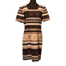 90s VTG Dress 10 Brown Black  Striped Square Neck Sheath Whimsigoth Eathy Boho