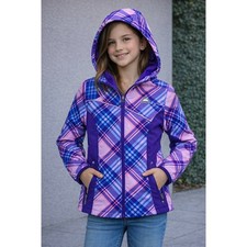 Snozu Softshell Jacket Girls L 14/16 Purple Pink Plaid Fleece Lined Hood