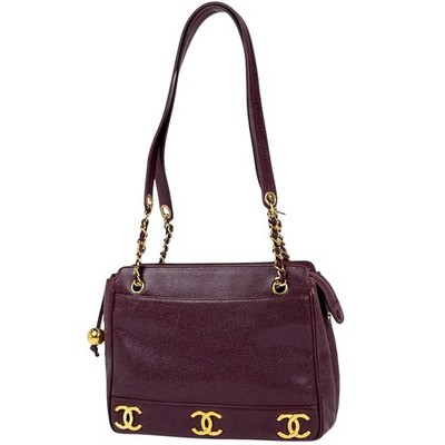 CHANEL Triple Logo Chain Tote Bag Shoulder Bag Tote Bag Caviar skin Bordeaux...
