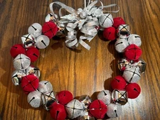 Christmas Holiday Sleigh Bell Jingle Bell Wreath Red Silver Glittery Metal 10”