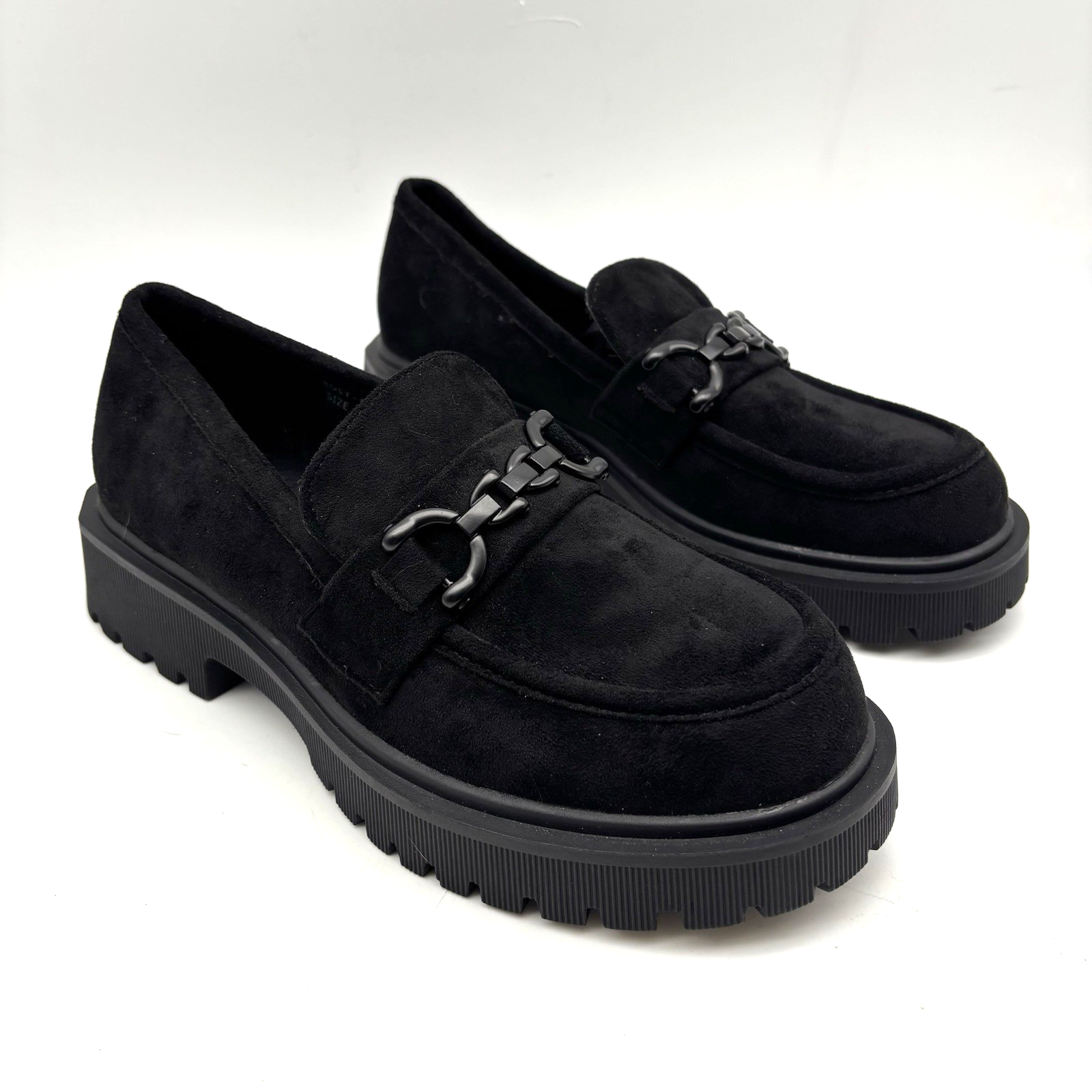 NEW Vintage Y2K Mudd 'ROEY' Black Faux Suede Chunky Platform Buckle Loafers 8.5