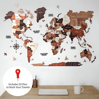 3D Wooden World Map for Wall (60'' x 36'') - With 50 Pins (Natural Color)