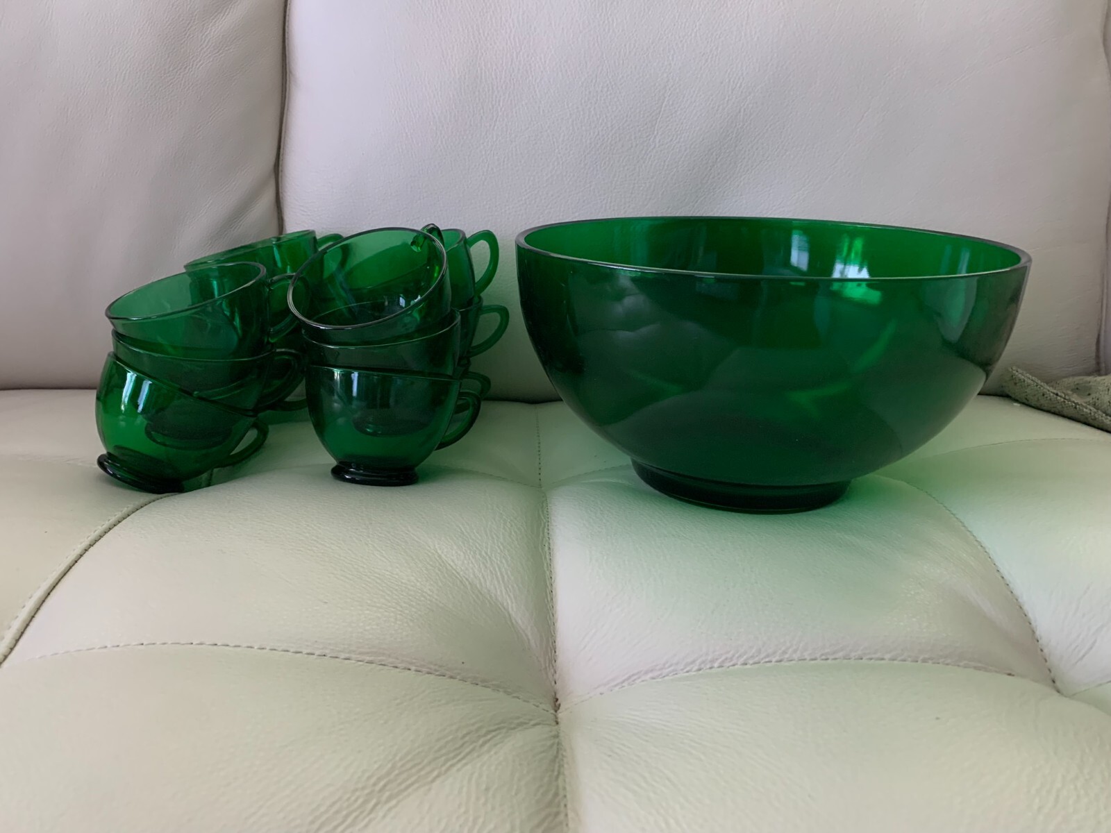 Vintage Mid Century Anchor Hocking Forest Green Glass Punch Bowl Set 12