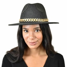 C.C Wide Brim Faux Wool Fabric Panama Fedora Hat with Chain Accent
