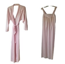 Vtg Peignoir Robe Set Nightgown Nylon Pink Medium Made in USA Union Label Dainty