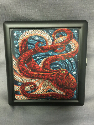 Red Octopus Swirl Themed Small Black Cigarette Case Card Money Holder