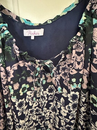 Parker Ruffled Neckline Drop Waist Dress Long Ruffled Sleeve Size L Black Floral - Picture 2 of 4
