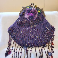 Faux Antique Beaded Clam Evening bag Brass Frame Clasp w/Shoulder Strap