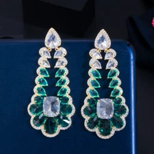 Gold Plated Cubic Zirconia Green Women Crystal Long Square Dangle Drop Earrings