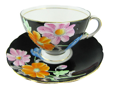 EB Foley Cup & Saucer Black Ground with Painted Flowers V2359 Ca. 1930's