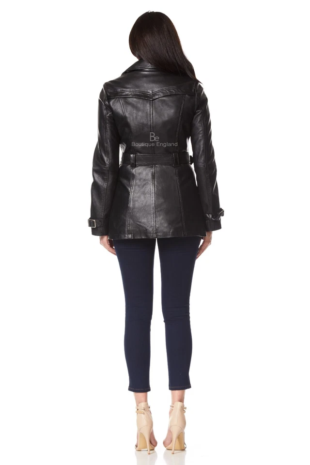Trench Ladies Black Classic Mid-Length Designer Real Leather Jacket Coat 1123 - Image 3 of 4