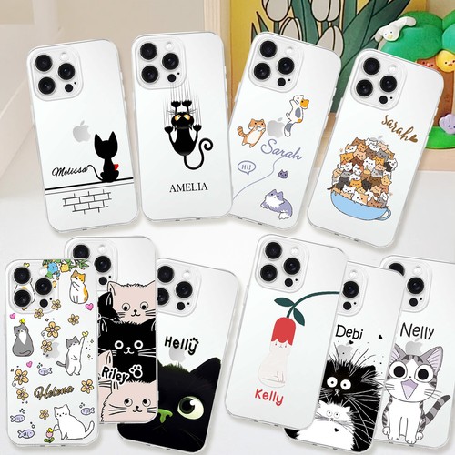 Custom Name Cats Patterned Phone Cover Case For iPhone 15 16 Pro Max 14 13 16e