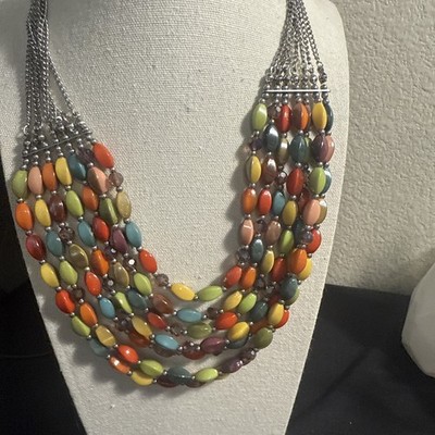 Multi Color Acrylic Beaded 7 Strand Necklace Silver Tone 18-20 