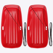 2 Pack Red Snow Sled with Pull Rope 35" Plastic Downhill Winter Toboggan Sled