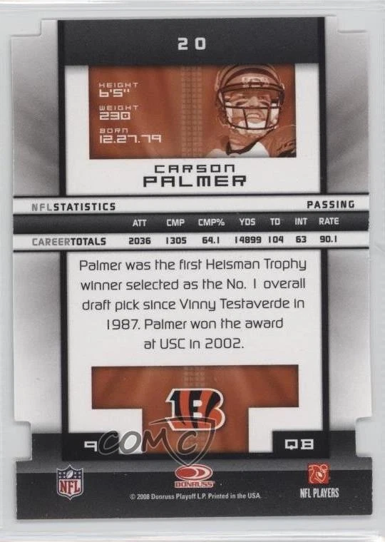 2008 Donruss Elite Status Gold Die-Cut /24 Carson Palmer #20 - Image 2 of 2