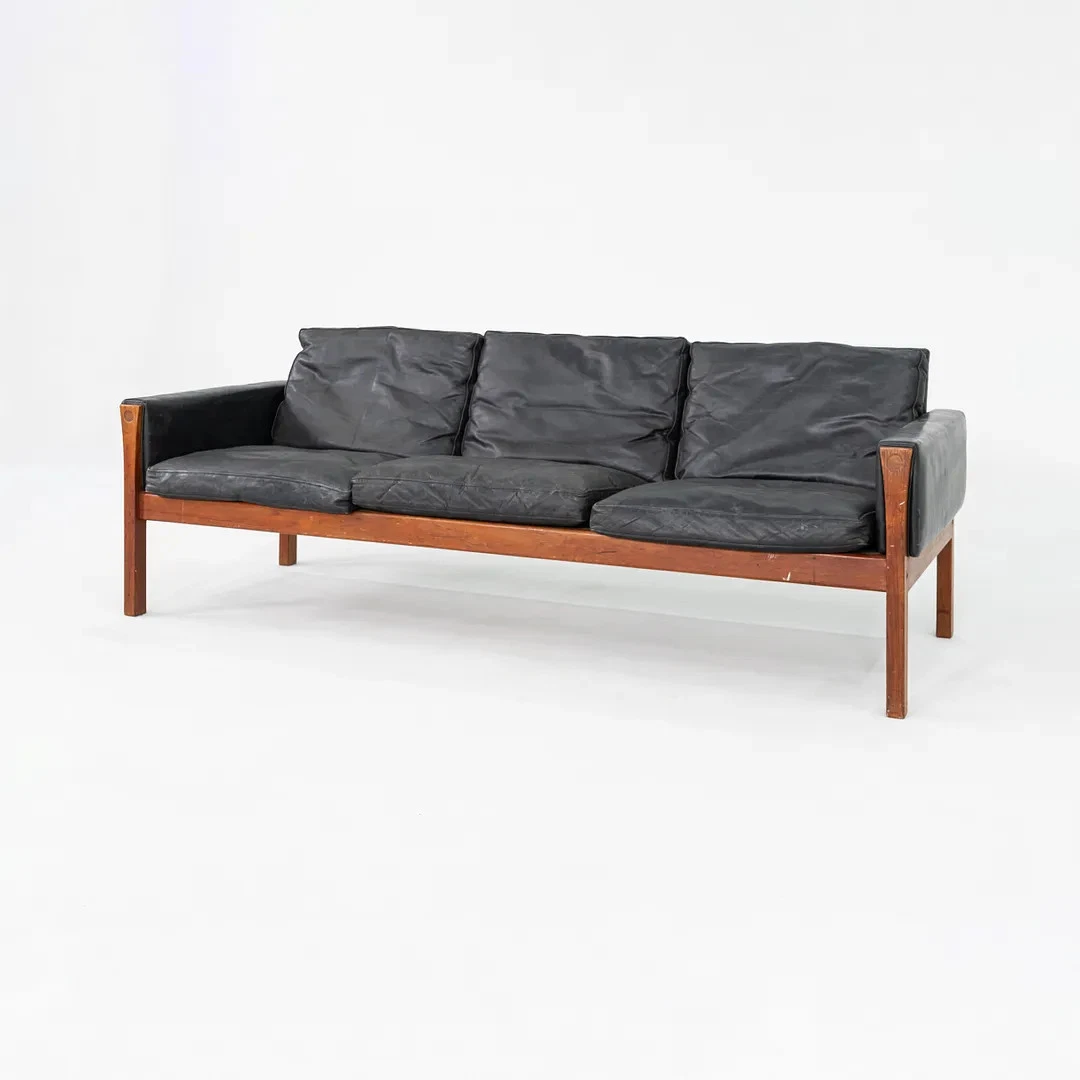 1970s Hans Wegner for A.P. Stolen AP62 Long Three Seat Sofa in Black Leather
