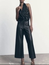 Zara Womans Faux Leather Wide Leg Button Trousers Pockets Size 0