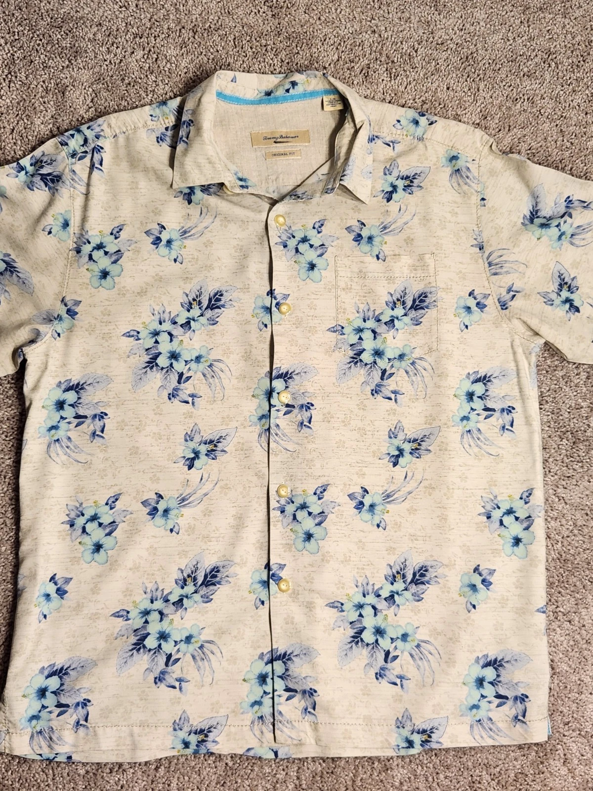 Tommy Bahama Men’s L Silk Hawaiian Shirt Blue Floral Hibiscus Original Fit 100%