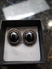 Black Hematite Cab Antiqued patina Sterling Stud Pierced Earrings Very Nice!