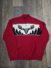 Chaps VTG Mens 2XL Sweater 1/4 Zip Red Moose Print Pullover Outdoors Cabin