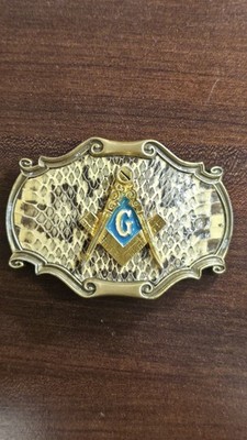 Vintage 1978 Raintree Masonic Belt Buckle Snakeskin Insert Brass Freemason USA