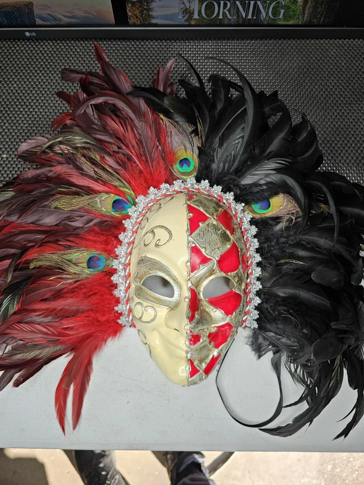 Peacock Feather Mask Masquerade for Women Venice Carnival RED & BLACK - Image 2 of 4