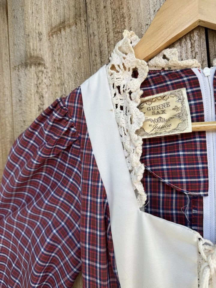 Maxi Vestido de Pradera Gunne Sax Años 70 Cuadros Marfil Crochet Detalle de Encaje Corsé Encaje Foto 3 de 4