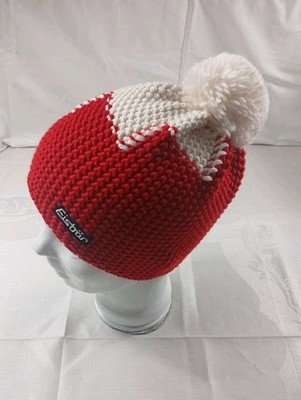 Eisbär Mütze 50% Merinowolle Wollmütze Pompom Bommel Strickmütze Rot/Weiß 