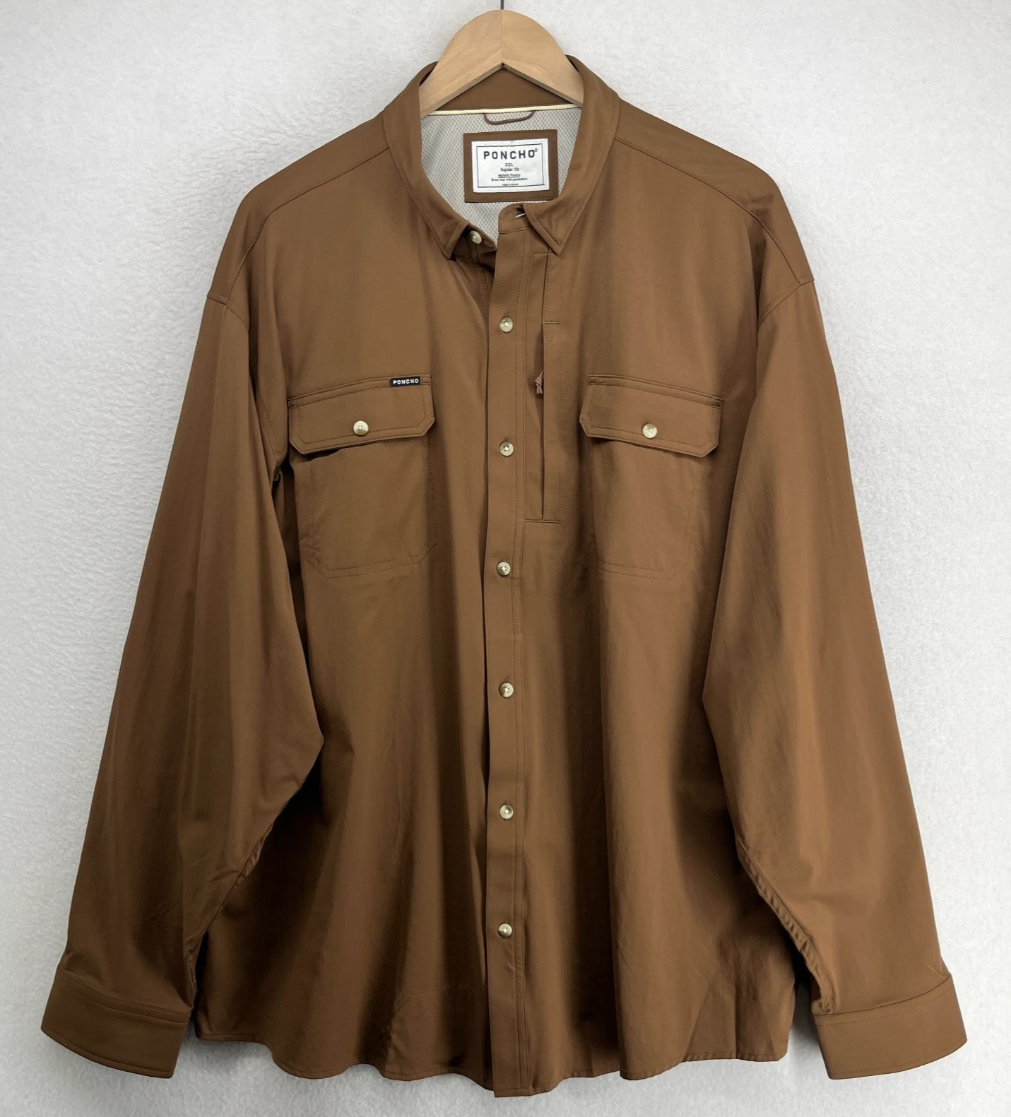 PONCHO Shirt Mens 2XL Magnetic Pocket Performance Nylon Roll Tab Fishing Brown