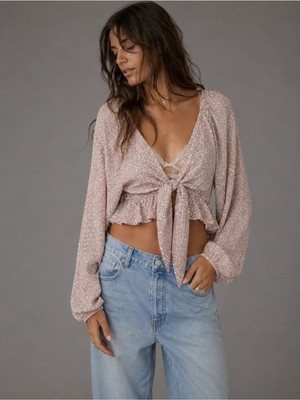 Princess Polly Floral Tie Front Crop Top Pink Long Sleeve Ruffle Women s US 2