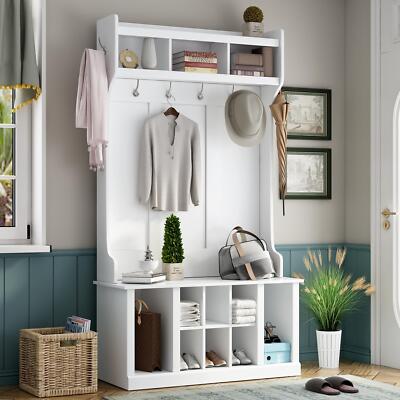 U-Can Hall Tree with Hooks Coat Hanger, Entryway Bench, Storage Bench  White